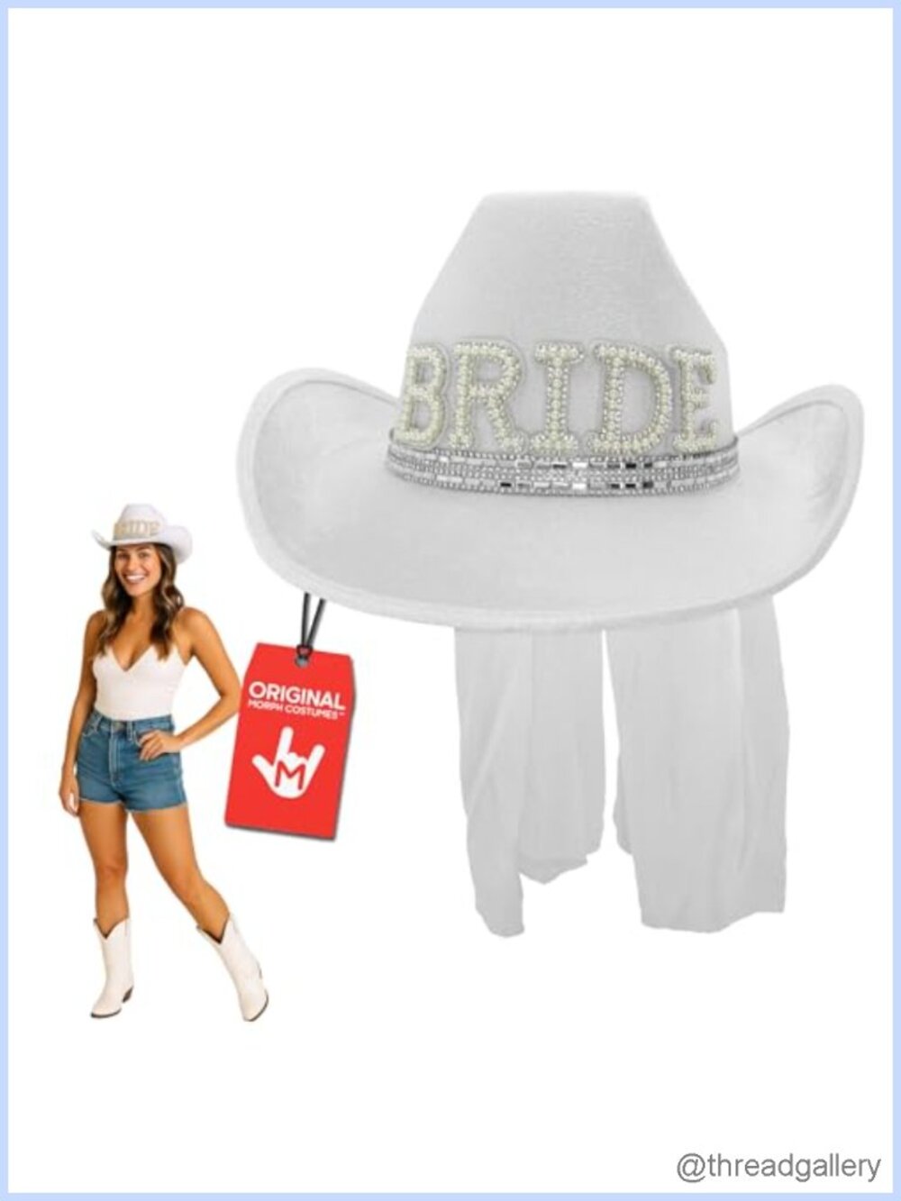 Cowgirl Hat with Attached Veil & Bride Lettering Bachelorette Party Accessory
